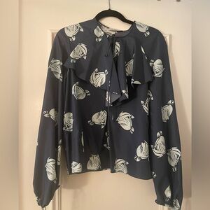 Lanvin blue silk blouse with tie neck and sleeves.  FR40.  NWOT